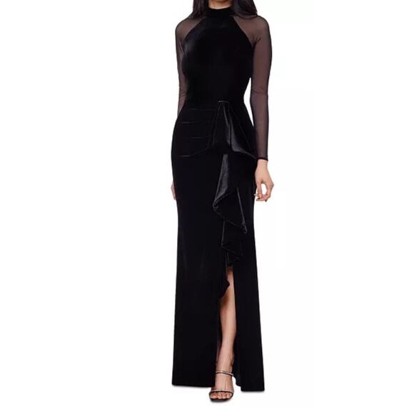 Betsy & Adam Valerie Illusion Mesh Long Sleeve Scuba Crepe Mermaid Gown dress 10 - Picture 1 of 7